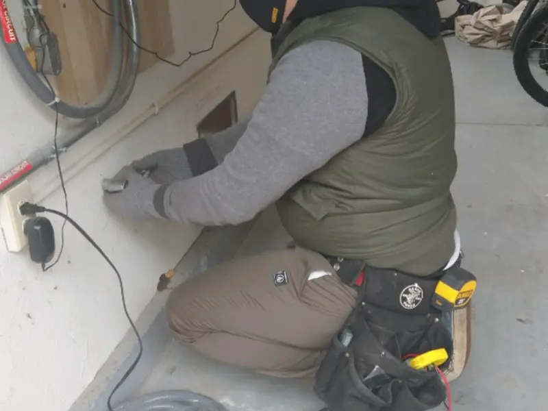 Electrician performing outlet wiring in a Talent garage